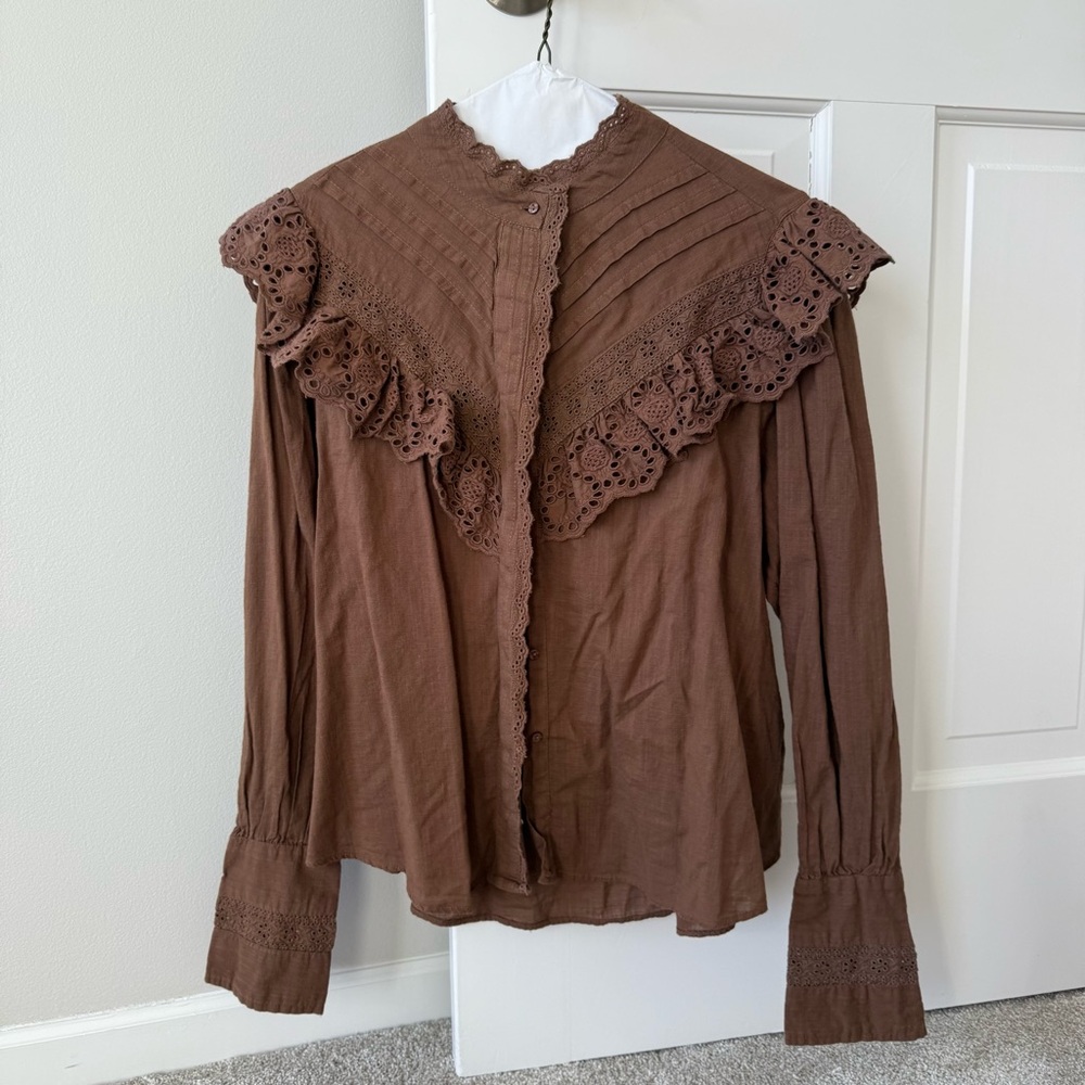Free People Hit The Road Feminine Crochet Ruffle Detail Blouse